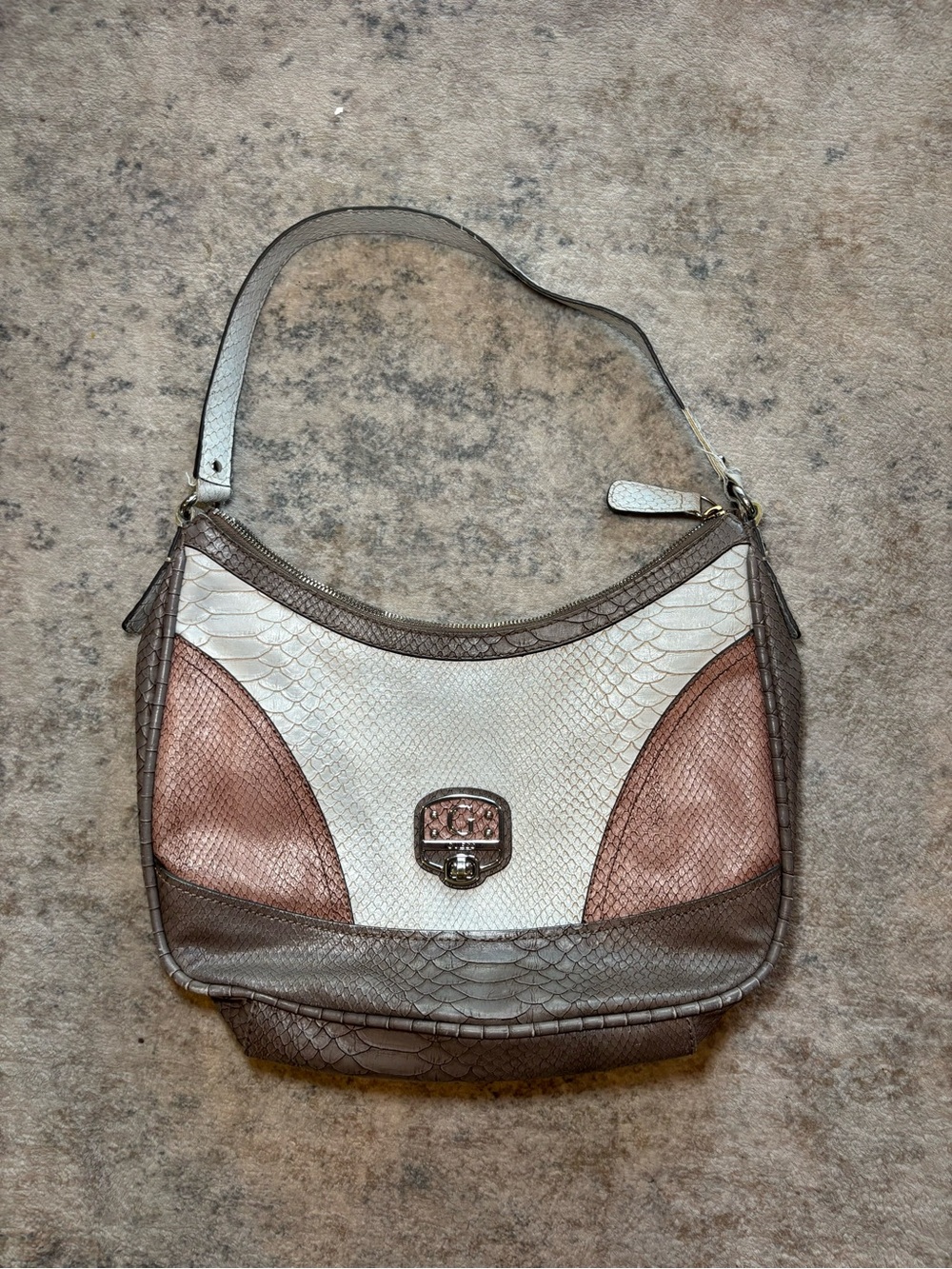 GUESS Snakeskin Patchwork Shoulder Bag cream, taupe, pink